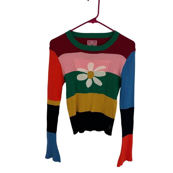 UNIF Dolly Sweater Womens Medium Rainbow Striped Daisy Flower Knit Top Grunge - Picture 1 of 7